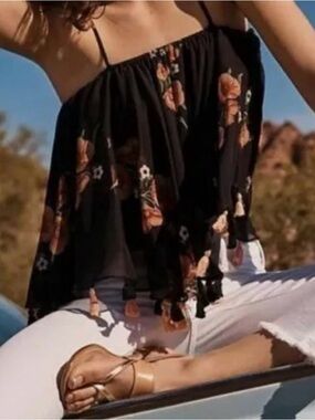 Anthropologie Black Floral Tassel Cami Tank